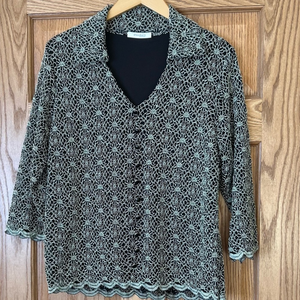 Dress Barn Pull Over Scalloped Top- Black with Silver Designs- V-Necked